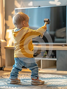 A small child imitates a handyman, holding a toy hammer against a television, a scene of adorable determination. It