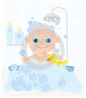 A small child, newborn or first year of life, bathes in a bathtub full of soap bubbles.