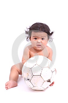 The small child plays with a soccerball