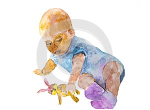 A small child plays a toy painted in watercolor