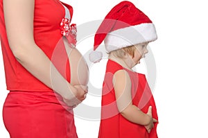 Small child and pregnant woman belly at Christmas