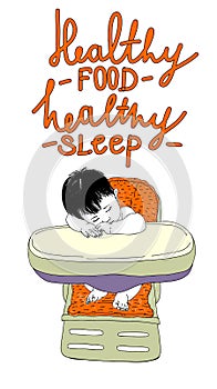 Small child quote `healthy food - healthy sleep` on a white background