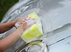 A small child`s hand with a foam sponge washes the hood of the car