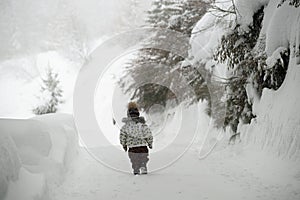 Small child in winter clothes, hat with pompom walking down snowy path among huge snowbanks, snowfall. View from behind