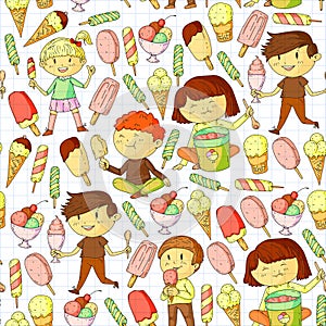 Small children eating ice cream. Sweet strawberry candy for kids. Tasty vanilla, orange, kiwi dessert.