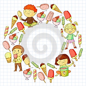 Small children eating ice cream. Sweet strawberry candy for kids. Tasty vanilla, orange, kiwi dessert.