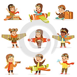 Small Children In Pilot Costumes Dreaming Of Piloting The Plane, Playing With Toys Adorable Cartoon Characters