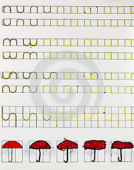 A childs drawing in an exercise book.