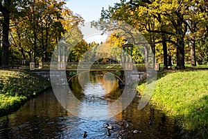 Small Chinese bridges in Saint Petesburg,Tsarskoe Selo, Russia. Golden autumn in the park.