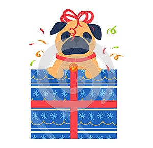 Small christmas dog in gift box for sale or celbrate card poster design cartoon vector illustration isolated on white