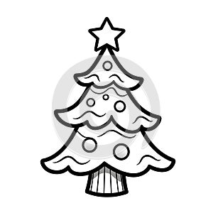 Small Christmas tree with baubles and star. Black and white card - coloring book. Xmas tree as a symbol of Christmas of the birth
