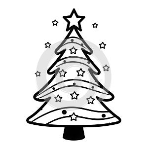 Small Christmas tree with baubles and star. Black and white card - coloring book. Xmas tree as a symbol of Christmas of the birth