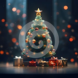 Small Christmas tree with baubles under it presents in the background bokech effect. Xmas tree as a symbol of Christmas of the