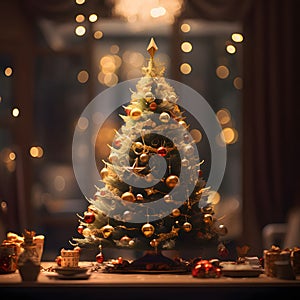 Small Christmas tree with baubles under it presents in the background bokech effect. Xmas tree as a symbol of Christmas of the