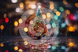 a small christmas tree with lights on it in the rain