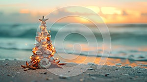 Small christmas tree made from seashells and lights at the beach with copy space