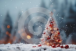 Small Christmas tree in snow with starry background and pine trees