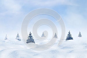 Small Christmas trees against the background of snowdrifts and a blue sky with a moon. Winter minimalist landscape.