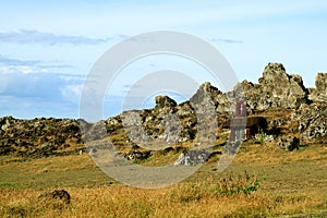 Small Church Decorated with Petroglyph Built on the Slope of Rocky Hill, Easter Island, Chile