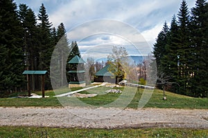 Small church on a mountain meadow surrounded by forest, Bobija mountain