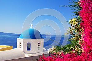 A small church on the streets of Oia on the island of Santorini, Greece