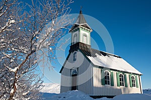 Small Church in Thingvellir national park at winter, Iceland