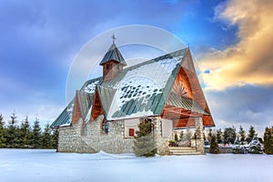 Small church in winter scenery near Zakopane