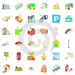 Small city icons set, cartoon style