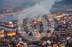 Small City near a River at Sunrise