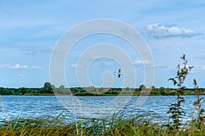 Small civil aviation. White lonely plane over the lake. Light aircraft in the sky