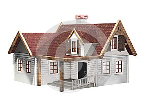 Small clapboard siding house with red roof isolated on a white background, little cottage, 3D illustration