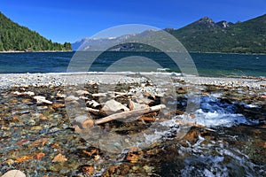 Kootenay Lake with Fletcher Beach Provincial Park and Purcell Mountains near Kaslo, British Columbia photo
