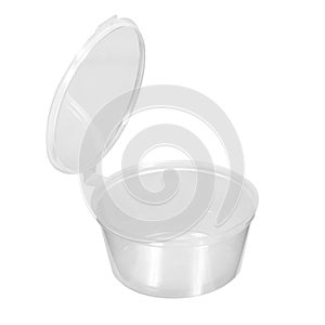 Small clear plastic jar with lid for condiments and sauces in restaurants, cafes and eateries photo