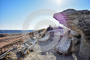 A small cliff edge hovers over a nature path. photo