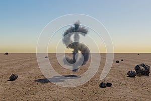 small cloud dollar symbol in large desert environment with sand dunes, hills and rocks laying arround business profit concept 3D