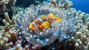 small clownfish swimming among the delicately colored tentacles of an anemone under the sea surface