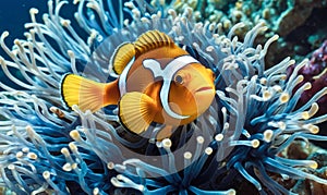 small clownfish swimming among the delicately colored tentacles of an anemone under the sea surface