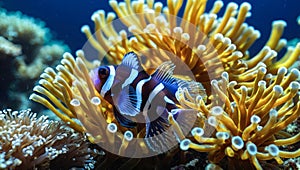 small clownfish swimming among the delicately colored tentacles of an anemone under the sea surface