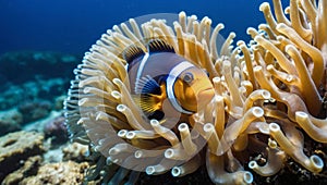 small clownfish swimming among the delicately colored tentacles of an anemone under the sea surface