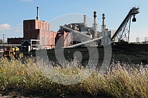 A Small Coal Fired Power Plant with Coal Yard and Wildflowers.