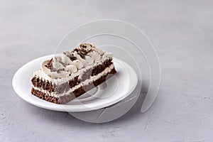 Small Coffee Chocolate Cake on White Plate Grey Background Tasty Beautiful Dessert Chocolate Cake Pastry Copy Space