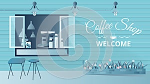 Small coffee shop facade, stylish exterior storefront design with copy space background photo