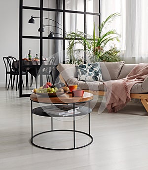 Small coffee table in front of scandinavian futon sofa with patterned pillow and patel pink blanket photo