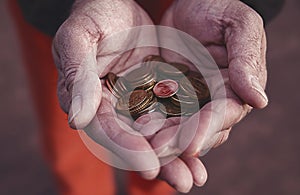 Small coins eurocents in the palms of men, the finances of European States as commodity-monetary u nits