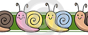 Small Colorful cute snails crawling one after another , seamless border pattern