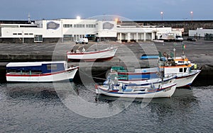 Small colorful fishing boats moored in the fishing port in the harbor, Ponta Delgada, Sao Miguel, Azores, Portugal