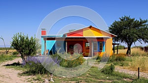 A small, colorful house with a contrasting blue door sits peacefully in a desert landscape.