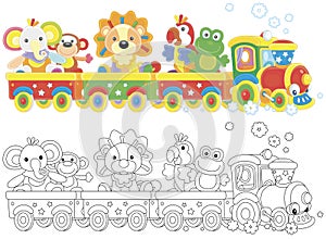 Small colorful train with toy little animals