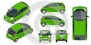 Small Compact Electric vehicle or hybrid car. Eco-friendly hi-tech auto. Easy color change. Template vector isolated on