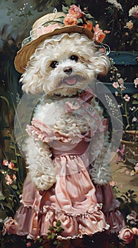a small white dog wearing a pink dress and hat